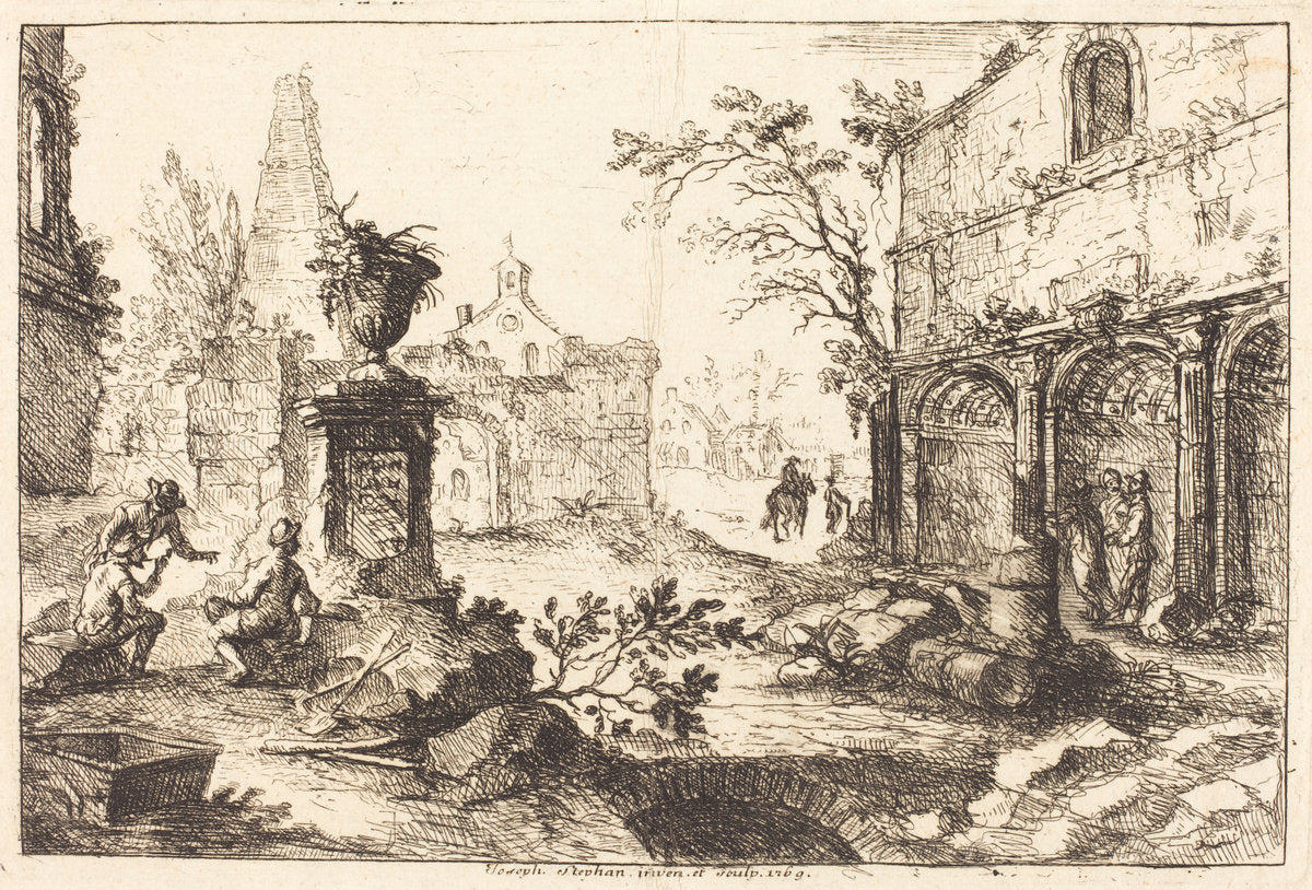 Architectural Fantasy with Roman Ruins by Joseph Stephan (German, 1709 - 1786), 16X12"(A3)Poster Print