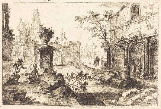 Architectural Fantasy with Roman Ruins by Joseph Stephan (German, 1709 - 1786), 16X12"(A3)Poster Print
