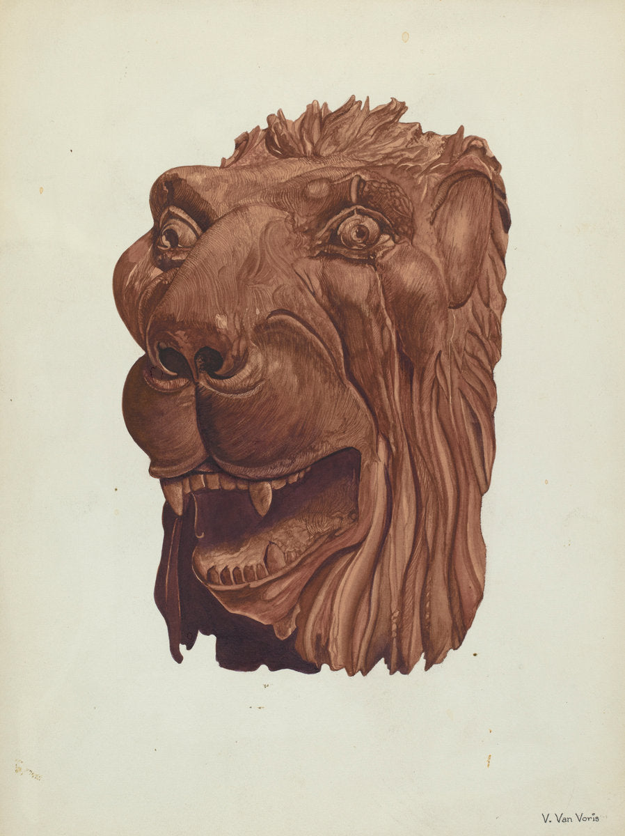 Carved Lion's Head by Vera Van Voris (American, active c. 1935), 16X12"(A3)Poster Print