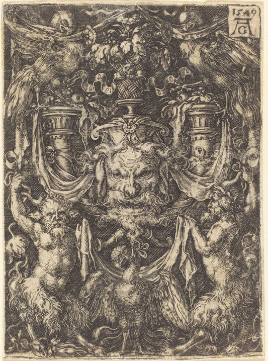 Ornament with Mask, Eagle between Satyrs Below by Heinrich Aldegrever (German, 1502 - 1555/1561), 16X12"(A3)Poster Print