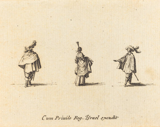 Lady with Dress Gathered Up, and Two Gentlemen by Jacques Callot (French, 1592 - 1635), 16X12"(A3)Poster Print