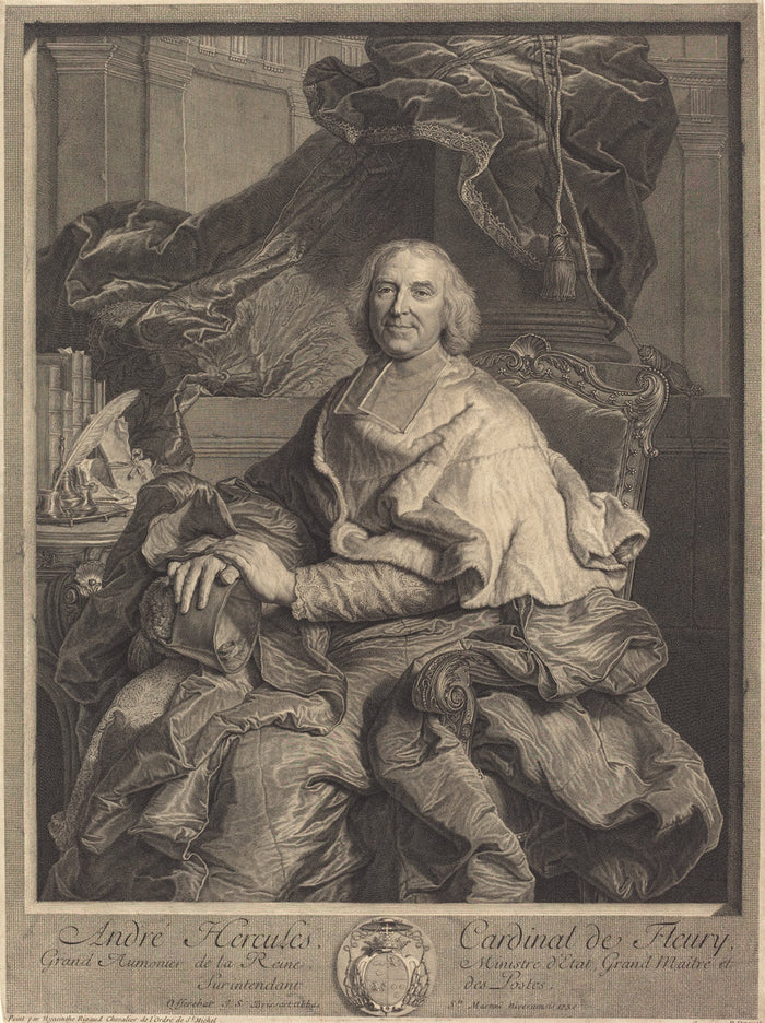 André Hercules, Cardinal de Fleury by Pierre Drevet after Hyacinthe Rigaud (French, 1663 - 1738), 16X12