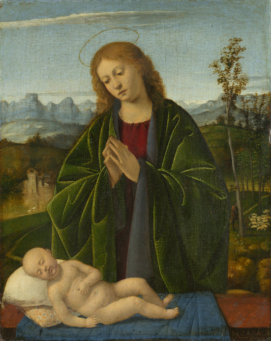 Madonna Adoring the Child by Marco Basaiti (Venetian, active 1496 - 1530), 16X12"(A3)Poster Print
