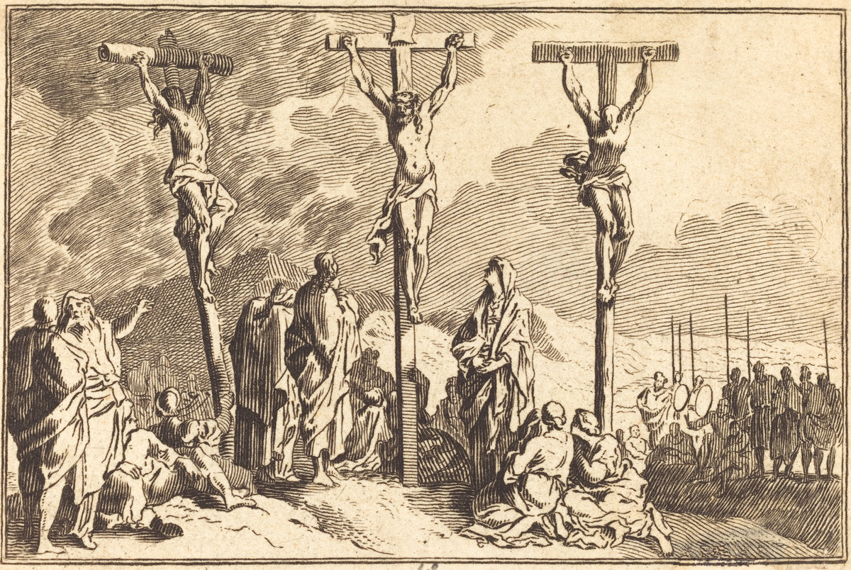 engraving by after Sébastien Le Clerc I (The Virgin, Saint John, and Mary Magdalene at the Foot of the Cross), 16X12"(A3)Poster Print