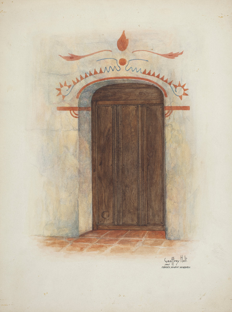 Restoration Drawing Wall Painting and Door, Facade Mission House by Geoffrey Holt and Harry Mann Waddell (American, active c. 1935), 16X12"(A3)Poster Print