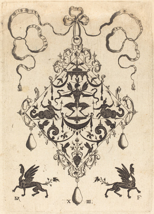 Large Pendant, Winged Fantasy Creature Holding Two Snakes by Daniel Mignot (German, active 1593/1596), 16X12"(A3)Poster Print