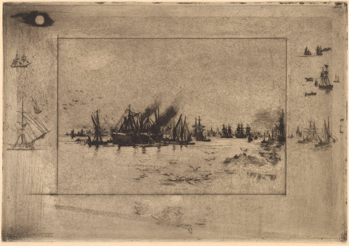 Le Port aux Mouettes (Port with Seagulls) by Félix-Hilaire Buhot (French, 1847 - 1898), 16X12"(A3)Poster Print