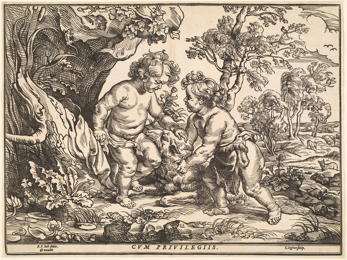 The Infant Christ and Saint John Playing with the Lamb by Christoffel Jegher after Sir Peter Paul Rubens (Flemish, 1596 - 1652/1653), 16X12"(A3)Poster Print