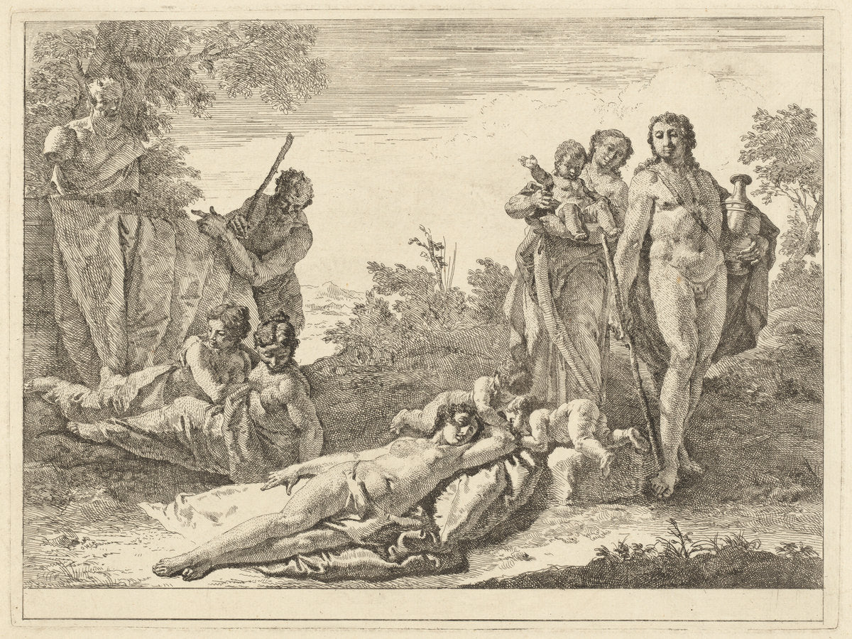 Nine Figures around a Herm of Pan by Francesco Fontebasso (Venetian, 1709 - 1769), 16X12"(A3)Poster Print