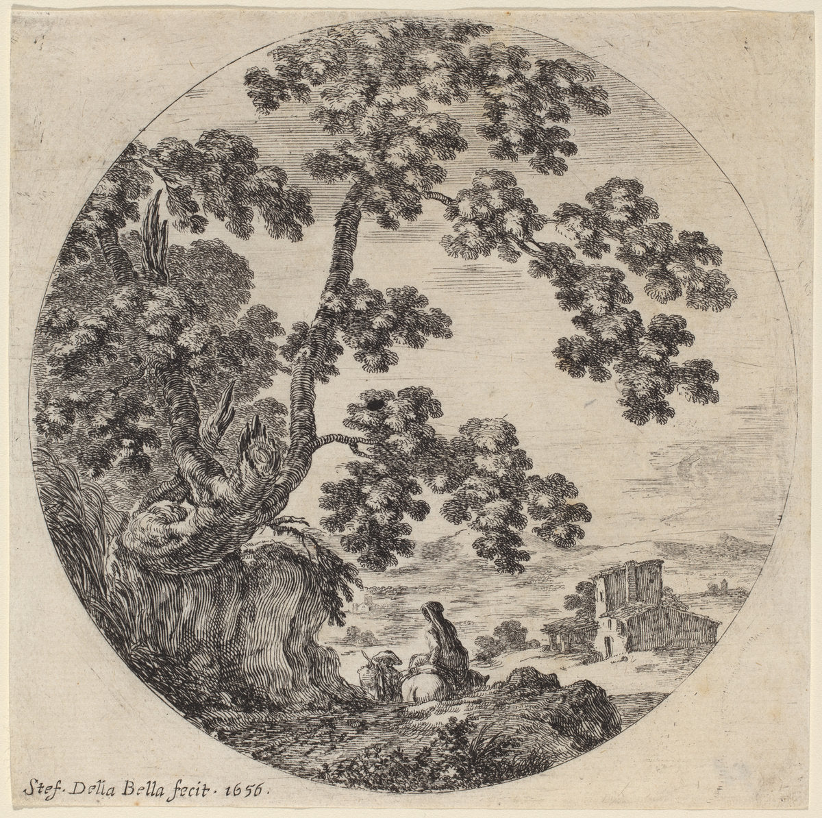 Two Travelers Passing by an Old Oak Tree by Stefano Della Bella (Italian, 1610 - 1664), 16X12"(A3)Poster Print