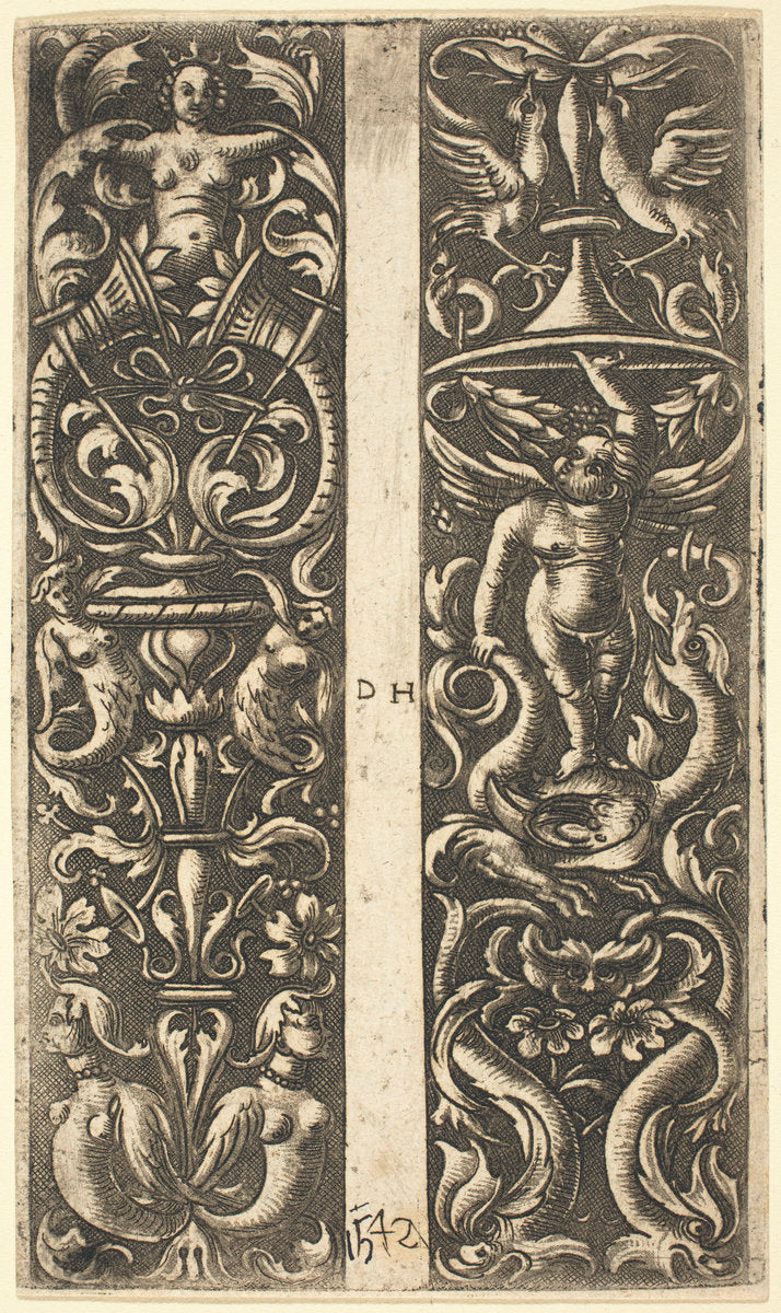 Ornament with Sirens and Ornament with Genius by Daniel Hopfer (German, c. 1470 - 1536), 16X12"(A3)Poster Print