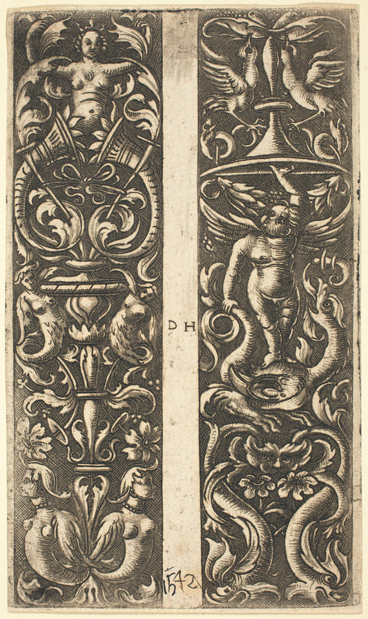 Ornament with Sirens and Ornament with Genius by Daniel Hopfer (German, c. 1470 - 1536), 16X12"(A3)Poster Print