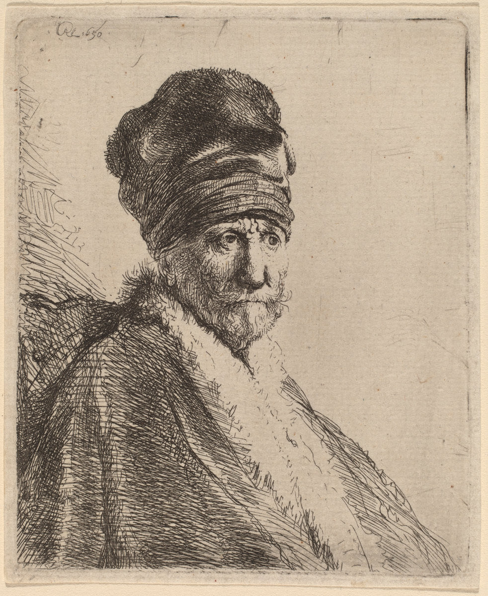 Bust of a Man Wearing a High Cap, Three-Quarters Right (The Artist's Father?) by Rembrandt van Rijn (Dutch, 1606 - 1669), 16X12"(A3)Poster Print