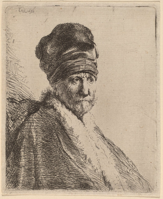Bust of a Man Wearing a High Cap, Three-Quarters Right (The Artist's Father?) by Rembrandt van Rijn (Dutch, 1606 - 1669), 16X12"(A3)Poster Print