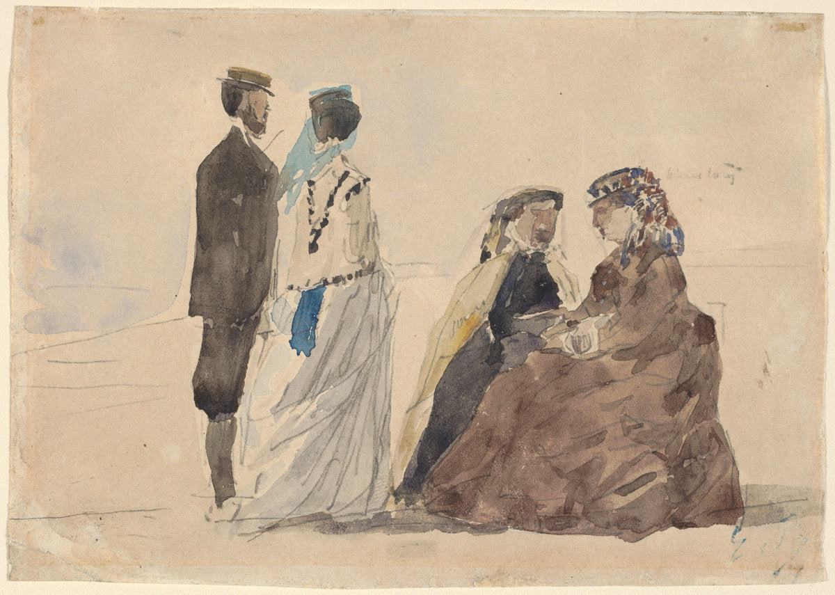 Two Ladies Seated and a Couple Walking on the Beach by Eugène Boudin (French, 1824 - 1898), 16X12"(A3)Poster Print