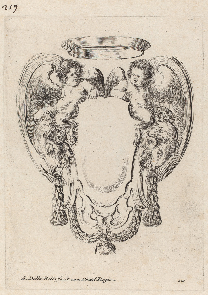Cartouche with Rams and Infant Satyrs by Stefano Della Bella (Italian, 1610 - 1664), 16X12"(A3)Poster Print