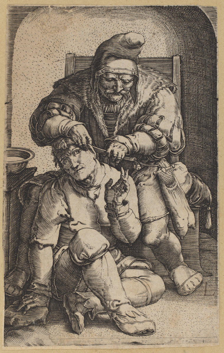 engraving on laid paper by Netherlandish 16th Century, after Lucas van Leyden (The Surgeon [reverse copy]), 16X12"(A3)Poster Print