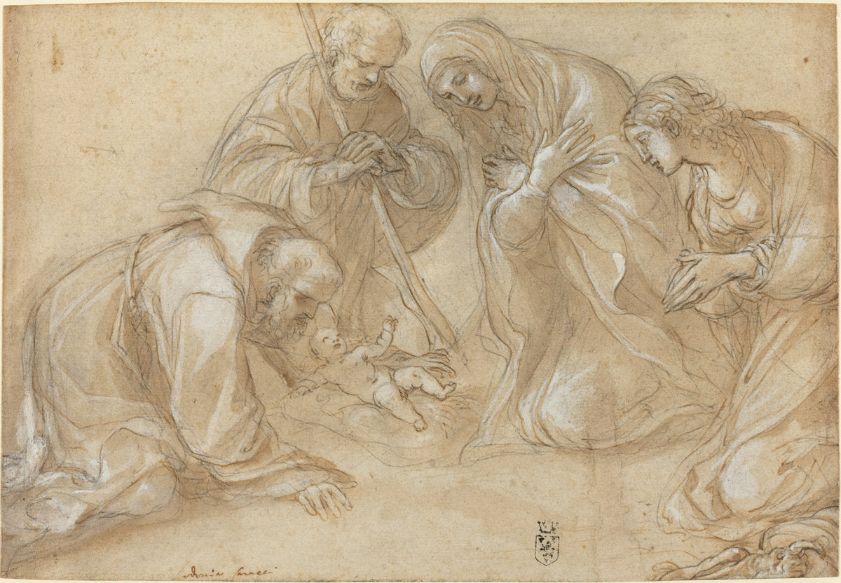 The Nativity with Saints Francis and Agnes by Lodovico Carracci (Bolognese, 1555 - 1619), 16X12"(A3)Poster Print