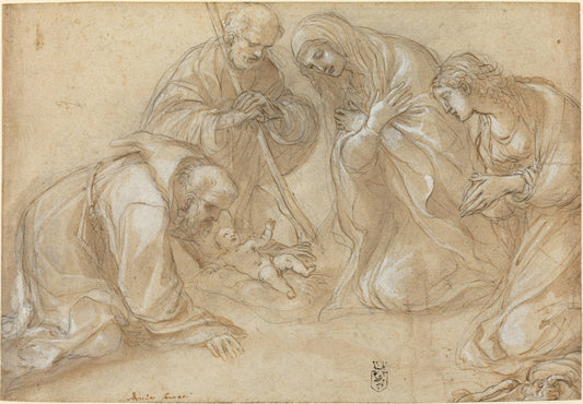 The Nativity with Saints Francis and Agnes by Lodovico Carracci (Bolognese, 1555 - 1619), 16X12"(A3)Poster Print