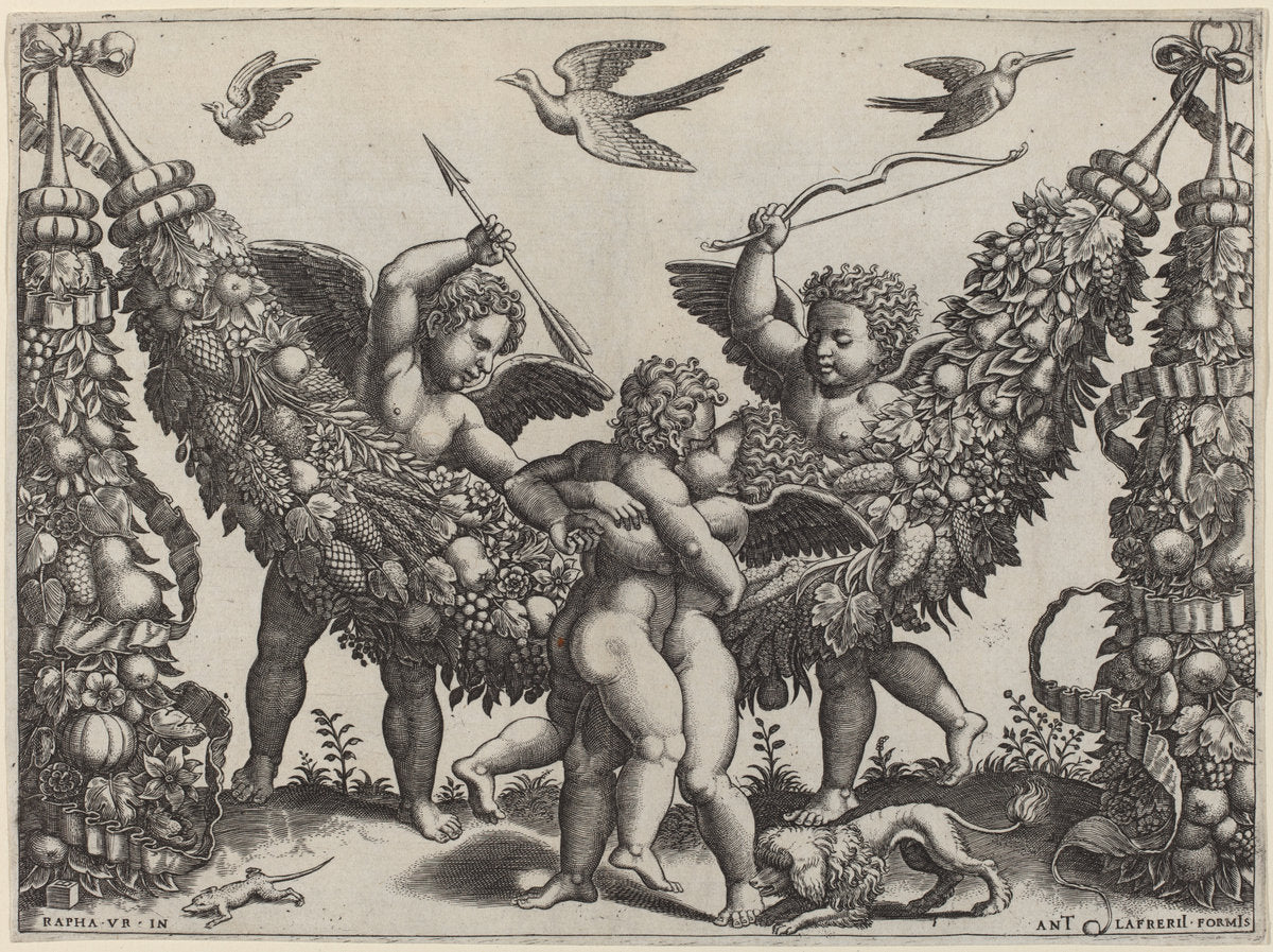 Two Putti...Striking Another Who Is Squeezing a Child by Master of the Die after Raphael (Italian, active c. 1532), 16X12"(A3)Poster Print