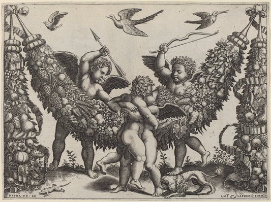 Two Putti...Striking Another Who Is Squeezing a Child by Master of the Die after Raphael (Italian, active c. 1532), 16X12"(A3)Poster Print