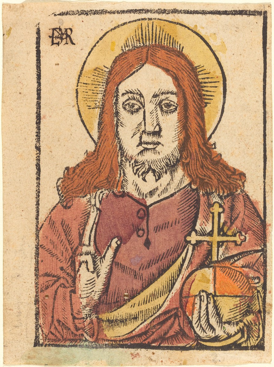 woodcut colored with stencils? by French 15th Century or Master EMR ? (Salvator Mundi), 16X12"(A3)Poster Print