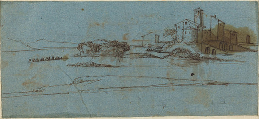 Buildings on a River Bank [verso] by Master of the Blue Landscapes (Italian, active 1650), 16X12"(A3)Poster Print