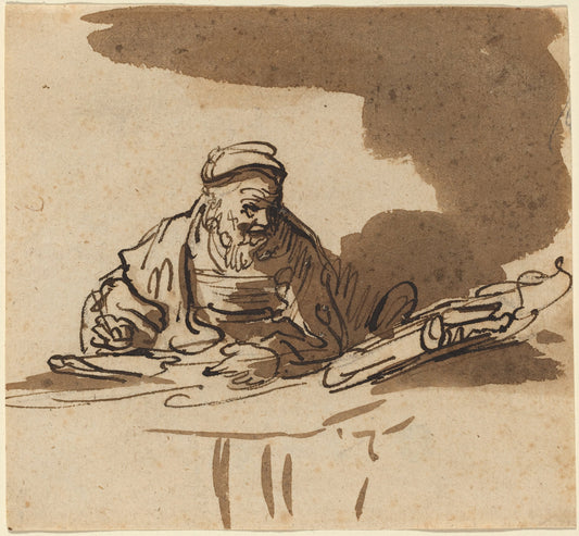 pen and brown ink with brown wash on laid paper by Style of Rembrandt van Rijn (An Old Scholar at His Desk), 16X12"(A3)Poster Print