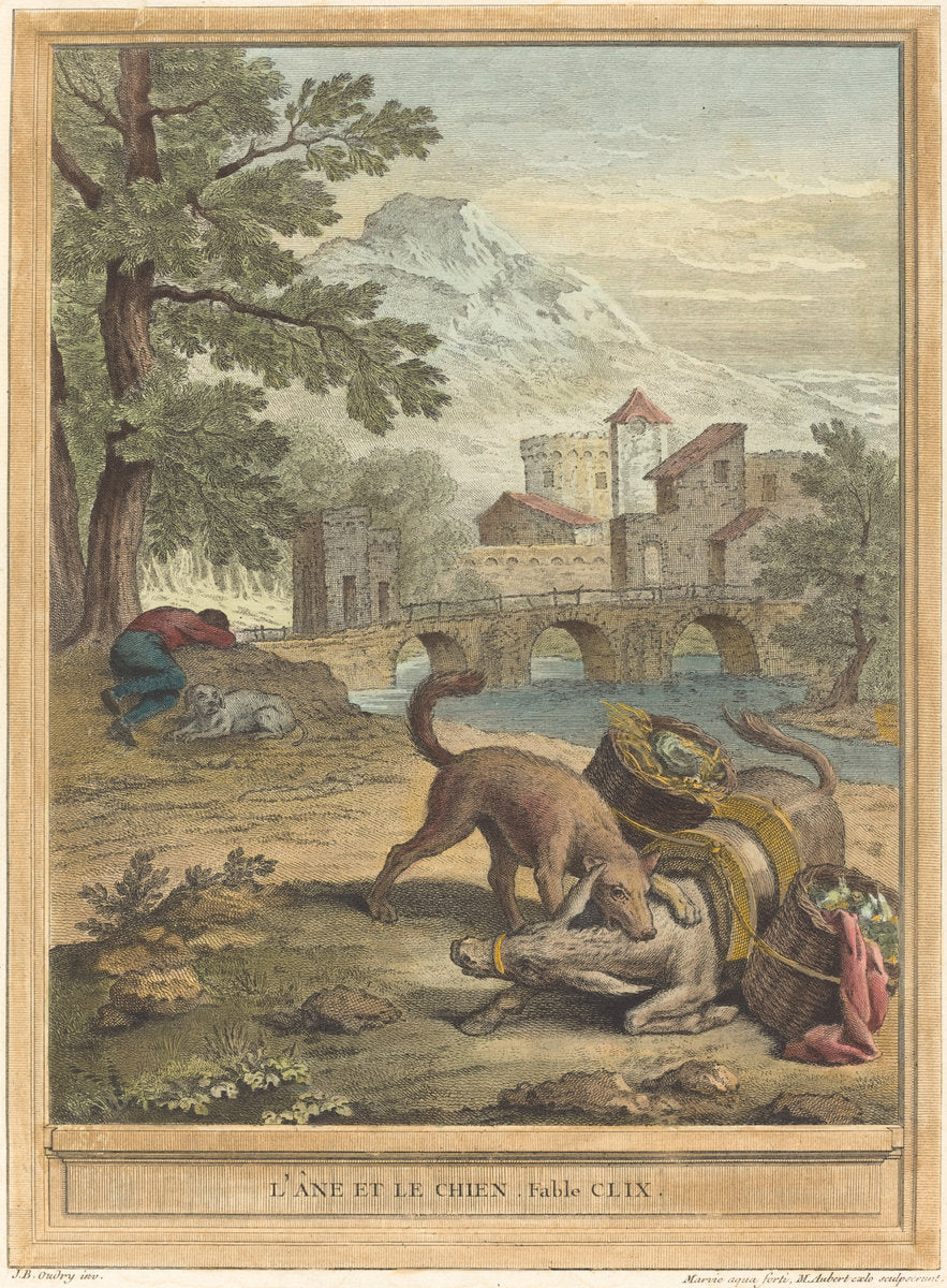 L'ane et le chien (The Donkey and the Dog) by Michel Aubert after Jean-Baptiste Oudry (French, 1700 or 1704 - 1757), 16X12"(A3)Poster Print