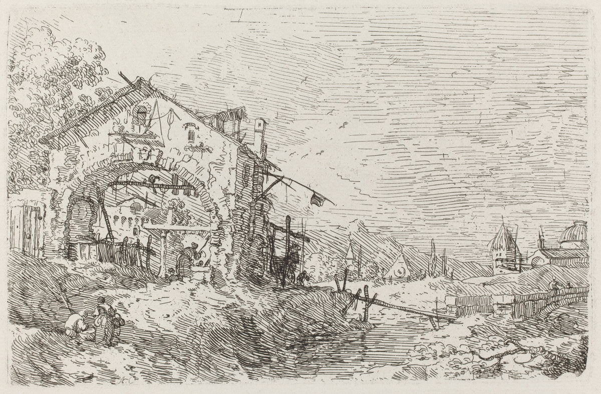 Landscape with a Woman at a Well [lower left] by Canaletto (Italian, 1697 - 1768), 16X12"(A3)Poster Print