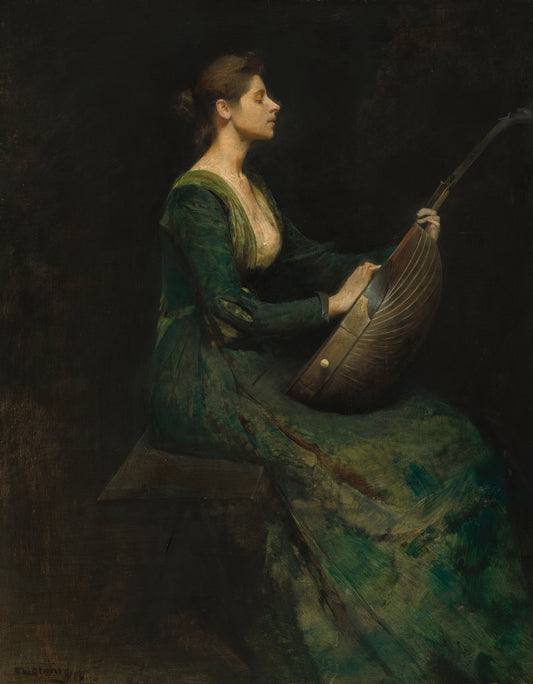 Lady with a Lute by Thomas Wilmer Dewing (American, 1851 - 1938), 16X12"(A3)Poster Print