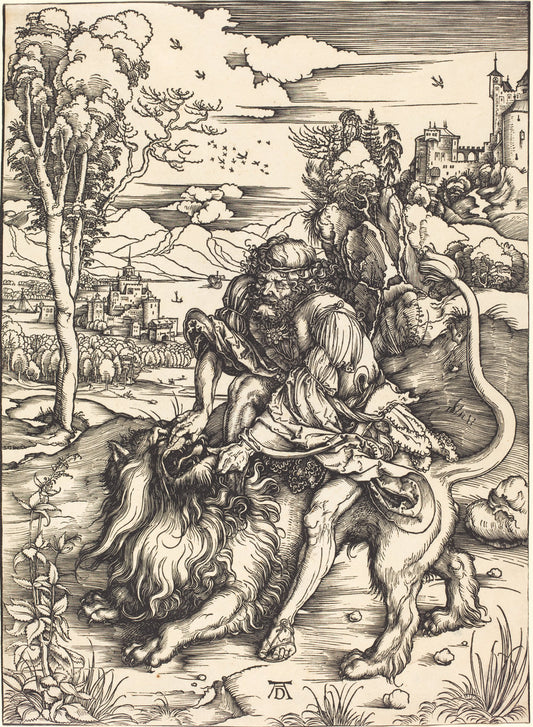 Samson Fighting with the Lion by Albrecht Dürer (German, 1471 - 1528), 16X12"(A3)Poster Print