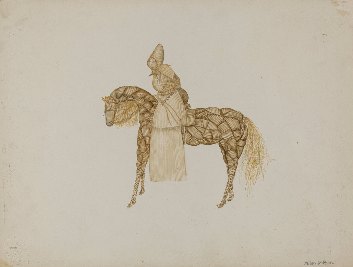 Corn Husk Doll on Horse by Wilbur M Rice (American, active c. 1935), 16X12"(A3)Poster Print
