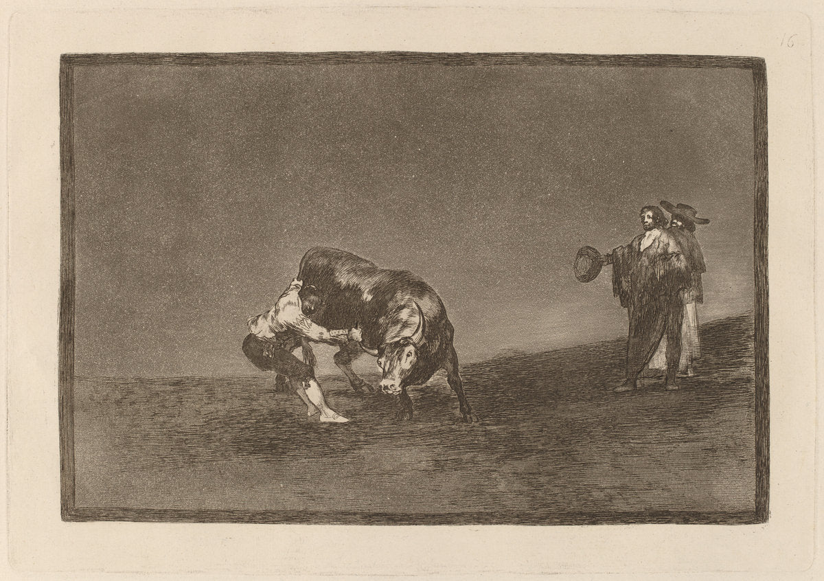 El mismo vuelca un toro en la plaza de Madrid (The Same Man Throws a Bull in the Ring at Madrid) by Francisco de Goya (Spanish, 1746 - 1828), 16X12"(A3)Poster Print