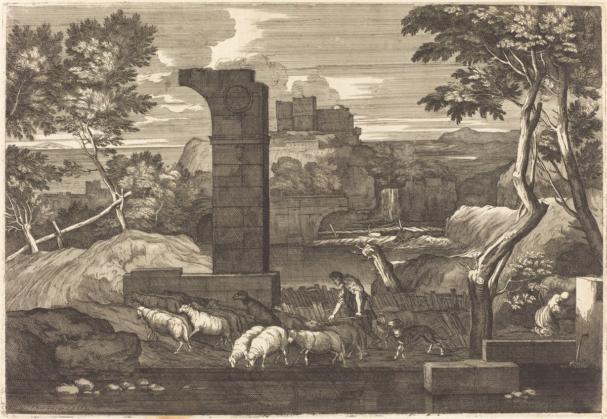 Landscape with Peasant and his Herd by Sébastien Bourdon (French, 1616 - 1671), 16X12"(A3)Poster Print