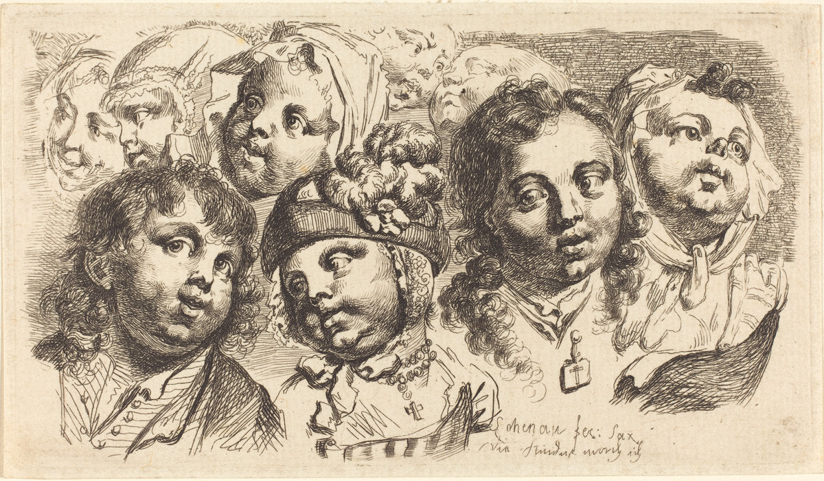 Nine Children's Heads by Johann Eleazar Schenau (German, 1737 - 1806), 16X12"(A3)Poster Print