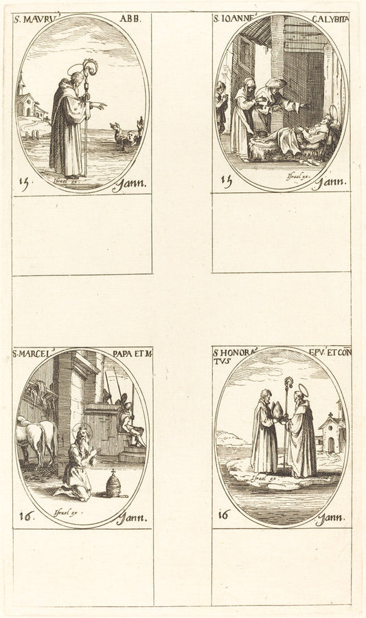 St. Maurus; St. John Calybite;  St. Marcellus; St. Honoratus by Jacques Callot (French, 1592 - 1635), 16X12"(A3)Poster Print