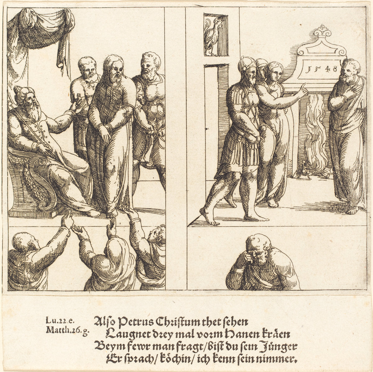 Christ before Caiaphas, and Peter Denying Christ by Augustin Hirschvogel (German, 1503 - 1553), 16X12"(A3)Poster Print