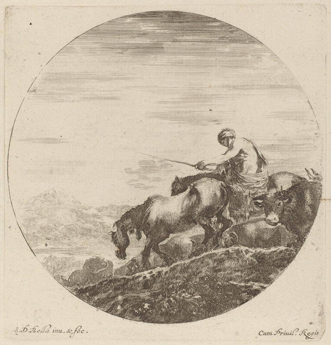 Shepherd on a Horse Driving a Herd of Various Animals by Stefano Della Bella (Italian, 1610 - 1664), 16X12"(A3)Poster Print