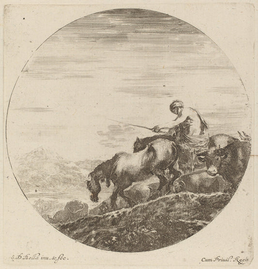 Shepherd on a Horse Driving a Herd of Various Animals by Stefano Della Bella (Italian, 1610 - 1664), 16X12"(A3)Poster Print