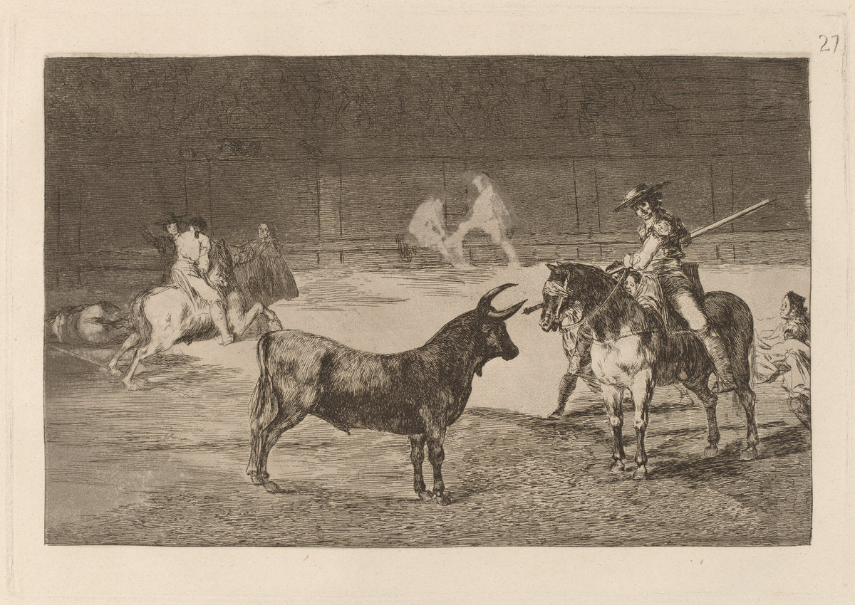 El celebre Fernando del Toro, barilarguero, obligando a la fiera con su garrocha (The celebrated Picador, Fernando del Toro, Draws the Fierce Beast on with His Pique) by Francisco de Goya (Spanish, 1746 - 1828), 16X12"(A3)Poster Print