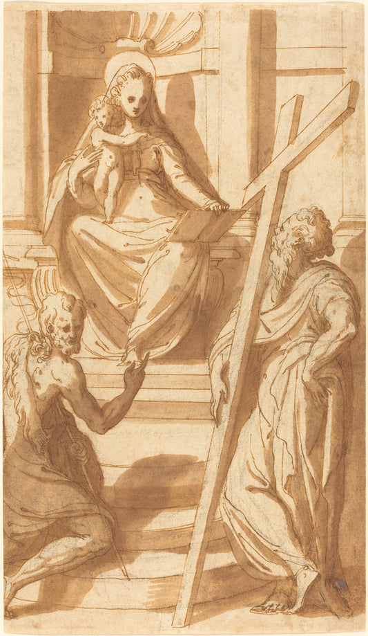 The Madonna and Child Enthroned with Saint John the Baptist and Saint Andrew by Bernardino India (Veronese, 1528 - 1590), 16X12"(A3)Poster Print