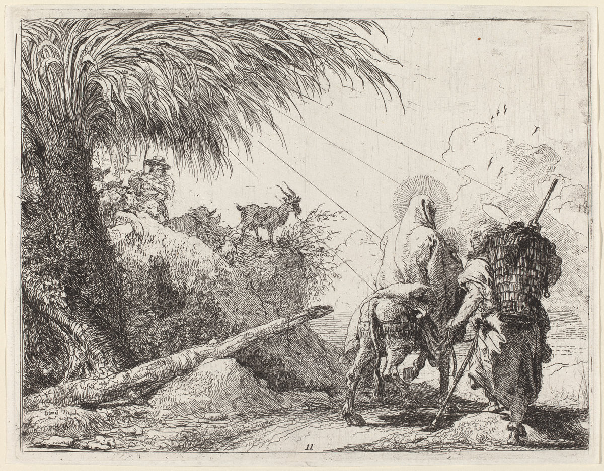 The Flight, Holy Family at the Right, Joseph Looking to the Left by Giovanni Domenico Tiepolo (Italian, 1727 - 1804), 16X12"(A3)Poster Print