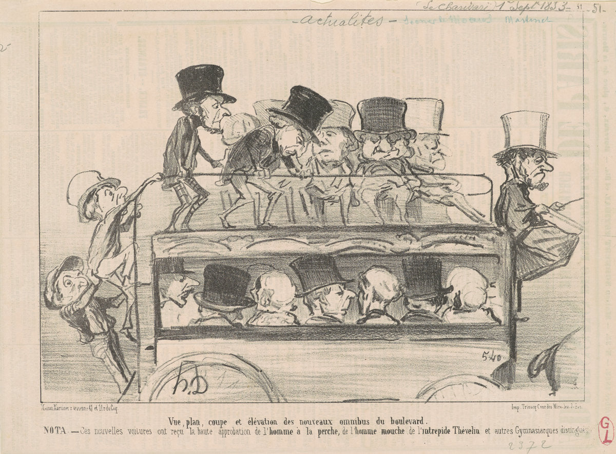 Vue ... et elévation des ... omnibus du boulevard ... by Honoré Daumier (French, 1808 - 1879), 16X12"(A3)Poster Print