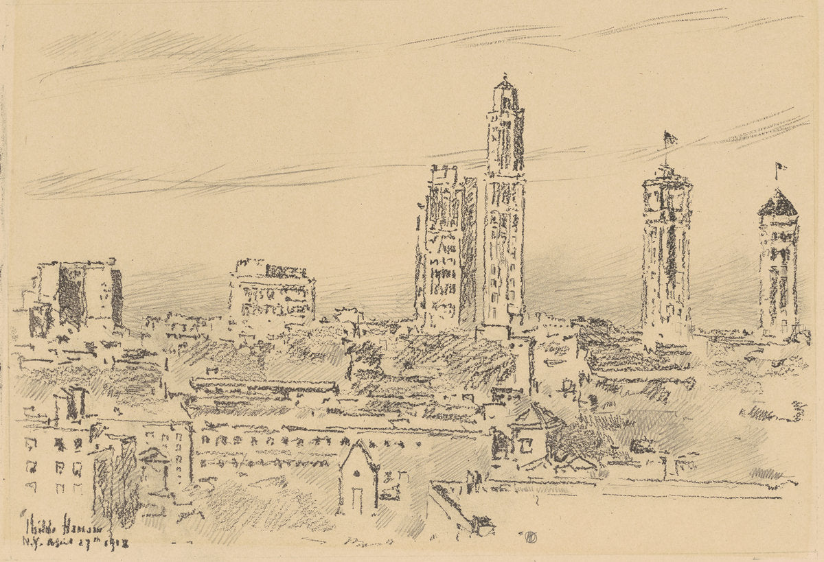 New York Sky Line, Light Buildings by Childe Hassam (American, 1859 - 1935), 16X12"(A3)Poster Print