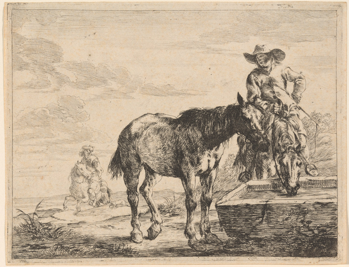 Two Horses Drinking at a Trough by Dirck Stoop (Dutch, 1618 - 1676), 16X12"(A3)Poster Print