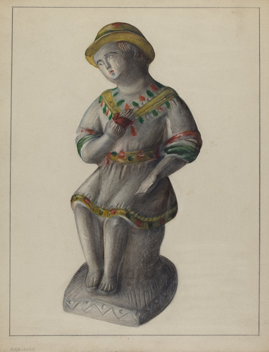 Pa. German Chalkware Shepherd Boy by Mina Lowry (American, 1894 - 1942), 16X12"(A3)Poster Print