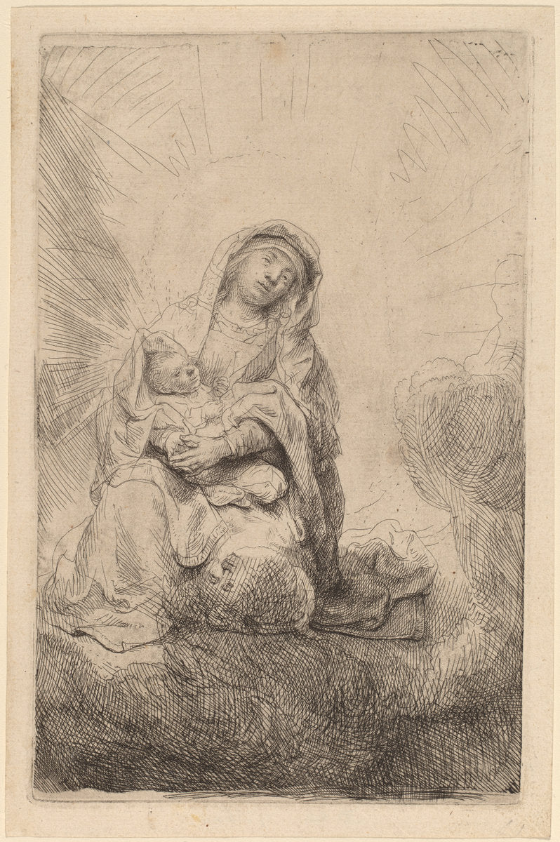 Virgin and Child in the Clouds by Rembrandt van Rijn (Dutch, 1606 - 1669), 16X12"(A3)Poster Print