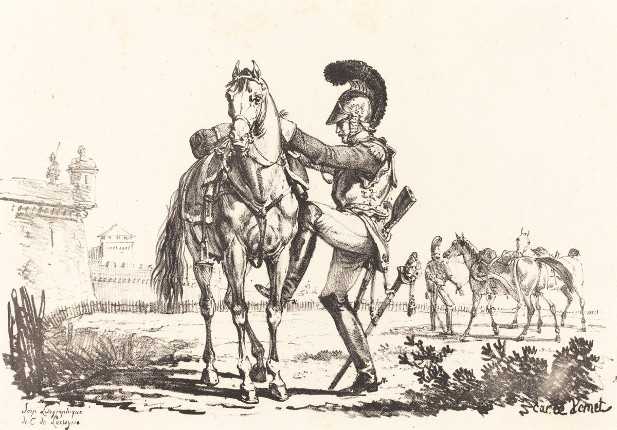 Carabinier Mounting a Horse by Carle Vernet (French, 1758 - 1836), 16X12"(A3)Poster Print