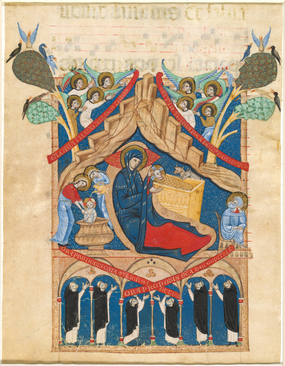 The Nativity with Six Dominican Monks by Master of Imola (Italian, active 1265 - 1280), 16X12"(A3)Poster Print